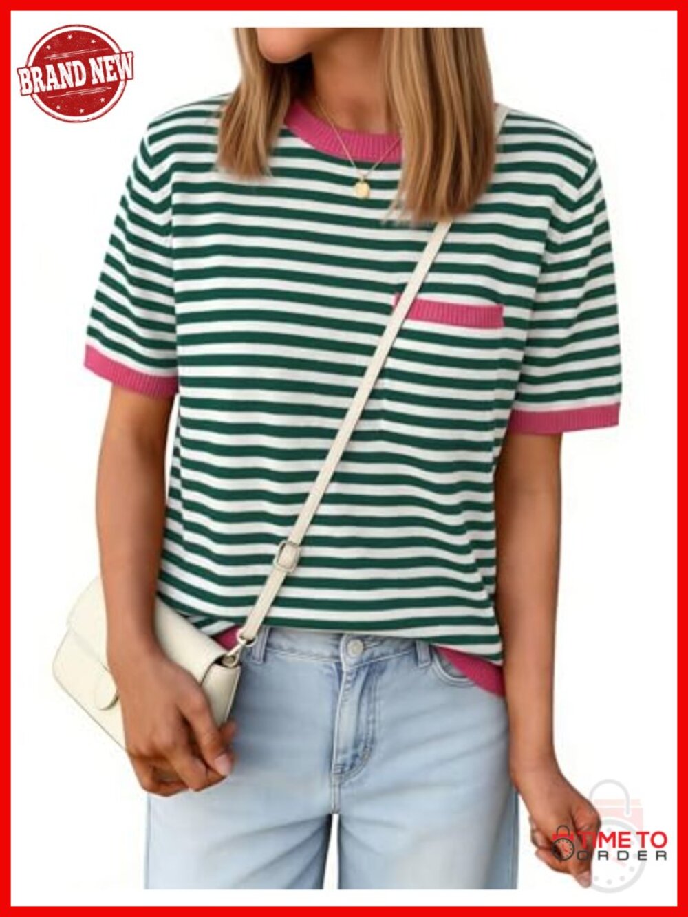 Striped Short Sleeve Sweater Knit Pullover Top with Crewneck Pocket for Work